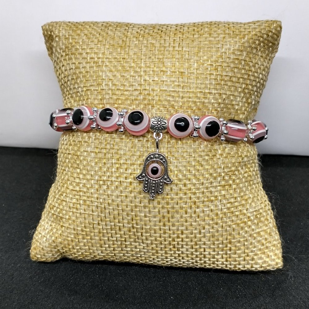 Bracelet / Evil Eye Beads with Hand Charm- Beautiful Pink and Black beads